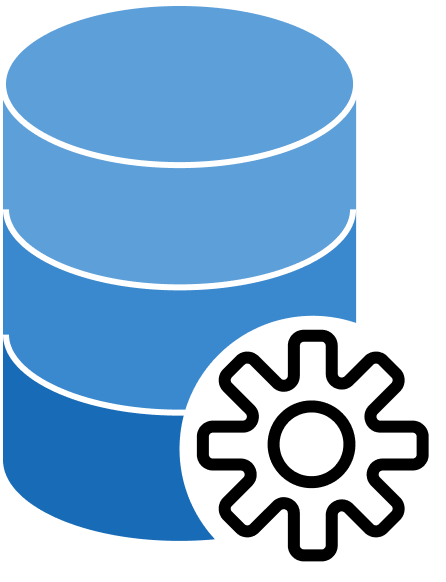 page logo: a cylinder comprised of 3 blue parts, with a cog in front of it