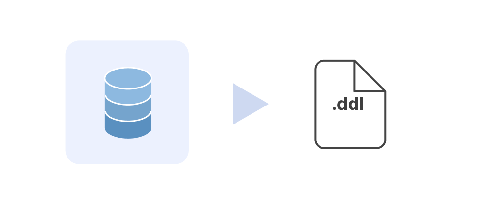 cylinder that consists of 3 discs stacked on top of one other points an arrow to a file symbol with dot ddl written inside of it